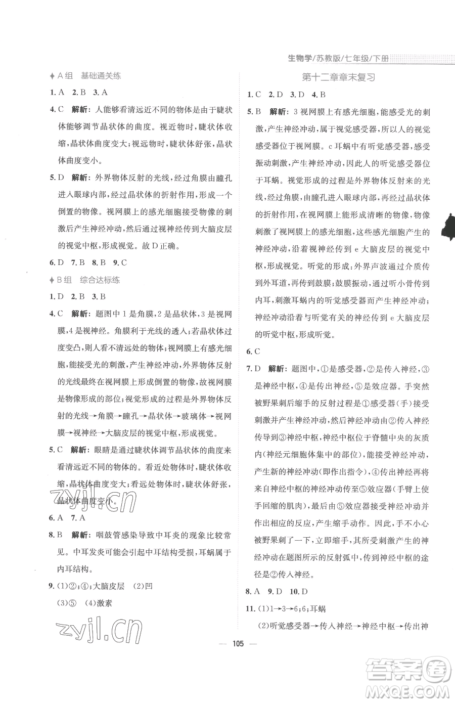 安徽教育出版社2023新編基礎(chǔ)訓(xùn)練七年級下冊生物蘇教版參考答案