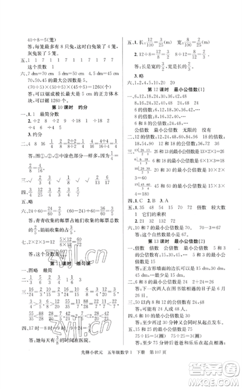 新世紀(jì)出版社2023先鋒小狀元五年級(jí)數(shù)學(xué)下冊(cè)人教版參考答案