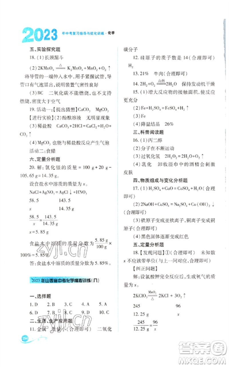 山西教育出版社2023中考復(fù)習(xí)指導(dǎo)與優(yōu)化訓(xùn)練九年級化學(xué)通用版參考答案