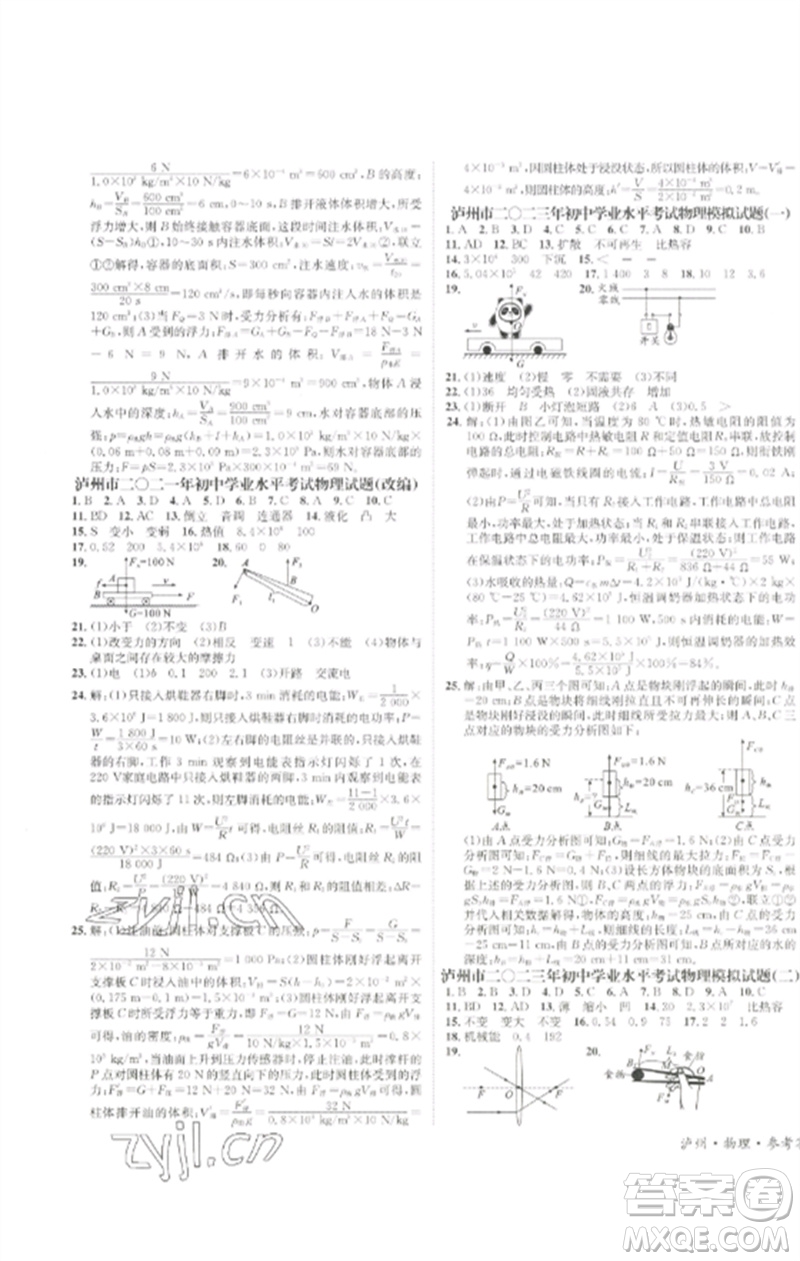 長江出版社2023中考復(fù)習(xí)總動(dòng)員九年級(jí)物理通用版瀘州專版參考答案