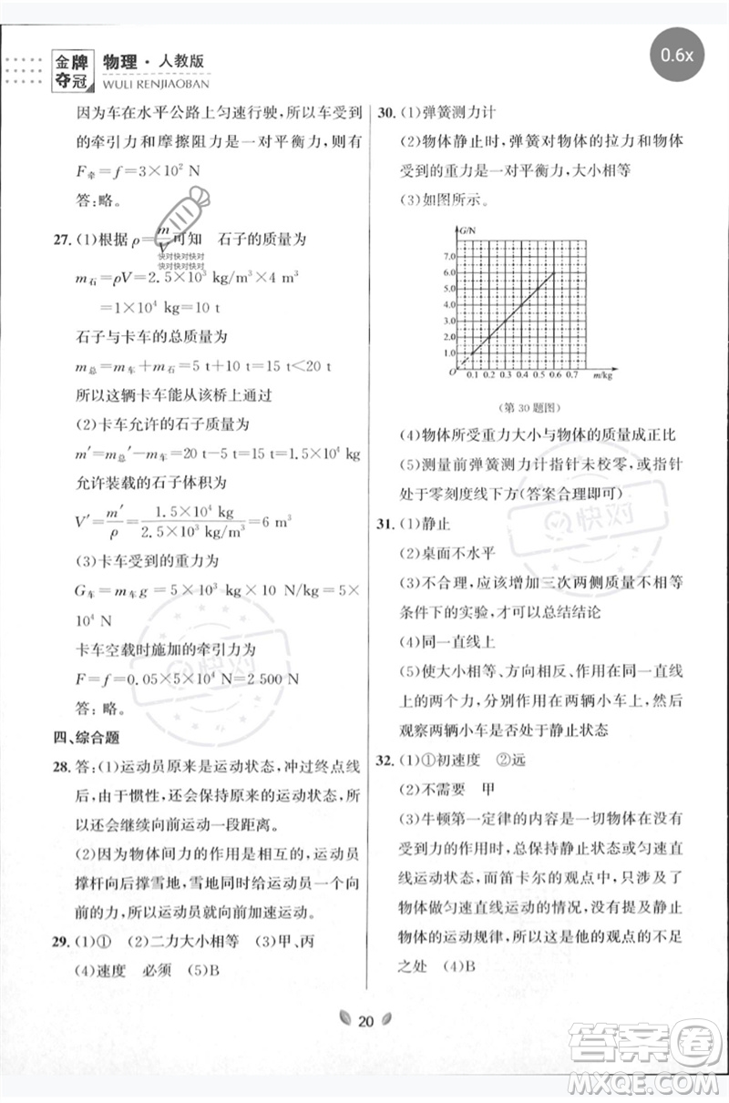 延邊大學(xué)出版社2023點(diǎn)石成金金牌奪冠八年級物理下冊人教版大連專版參考答案