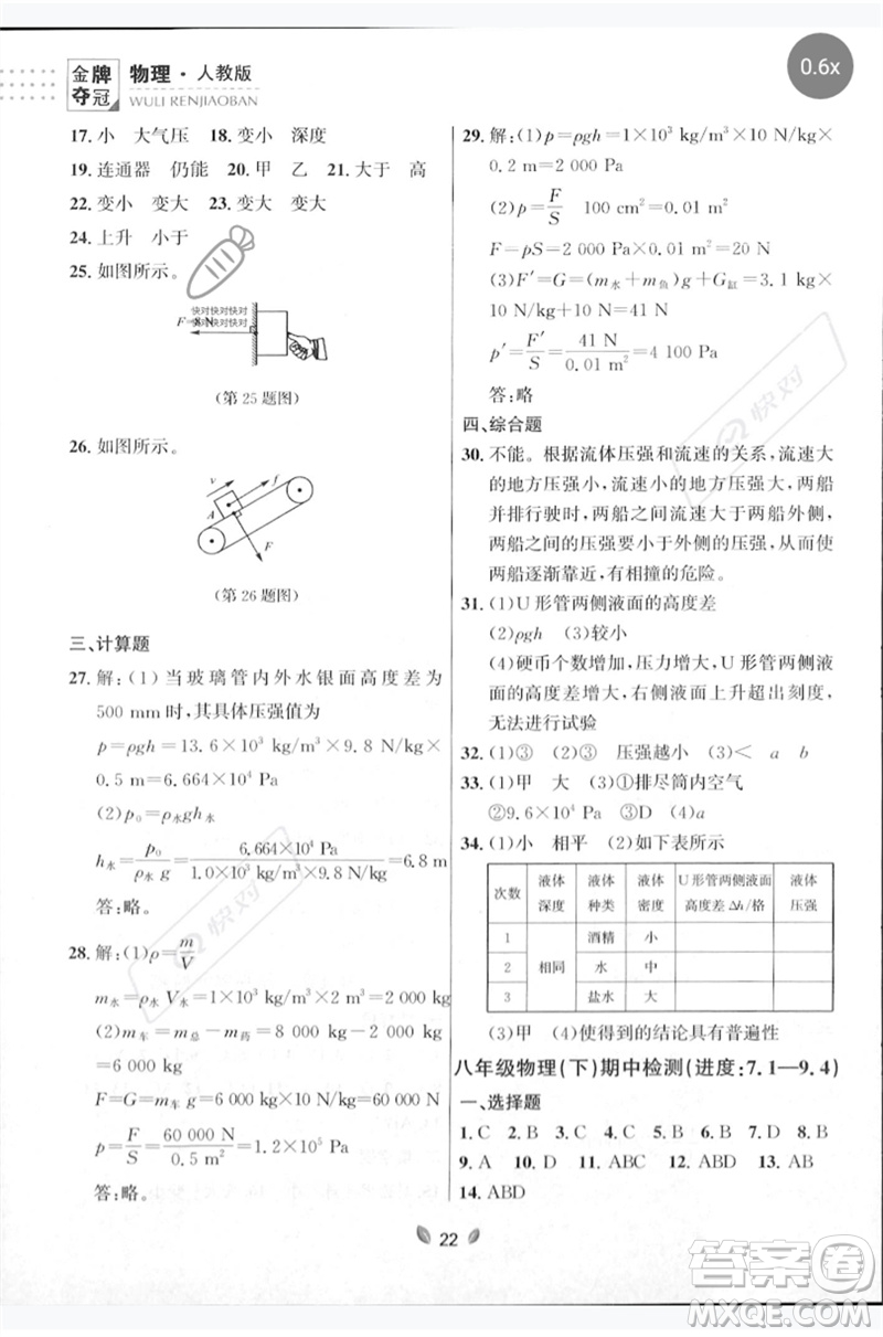 延邊大學(xué)出版社2023點(diǎn)石成金金牌奪冠八年級物理下冊人教版大連專版參考答案