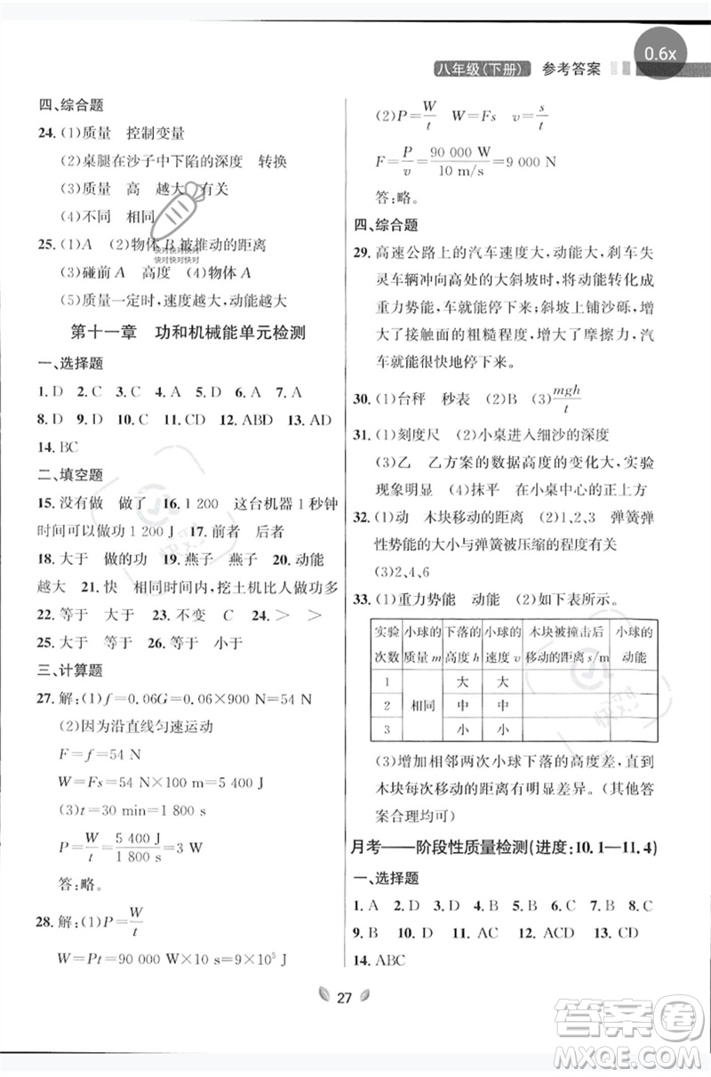 延邊大學(xué)出版社2023點(diǎn)石成金金牌奪冠八年級物理下冊人教版大連專版參考答案