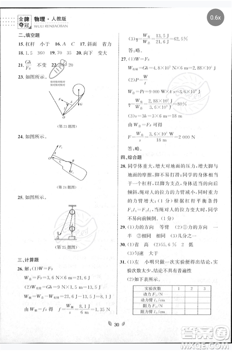 延邊大學(xué)出版社2023點(diǎn)石成金金牌奪冠八年級物理下冊人教版大連專版參考答案