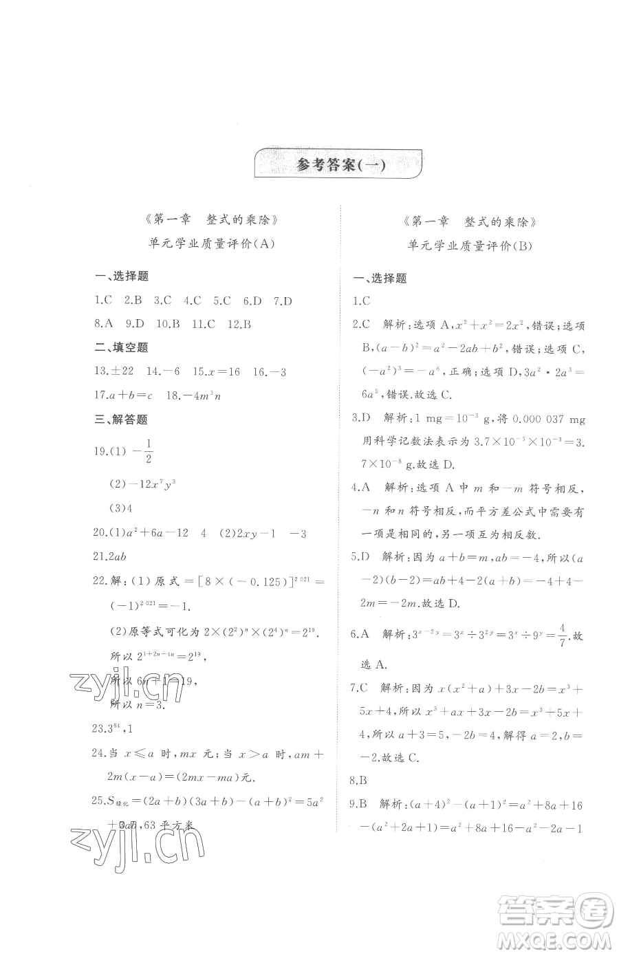 山東友誼出版社2023精練課堂分層作業(yè)七年級(jí)下冊(cè)數(shù)學(xué)北師大版參考答案