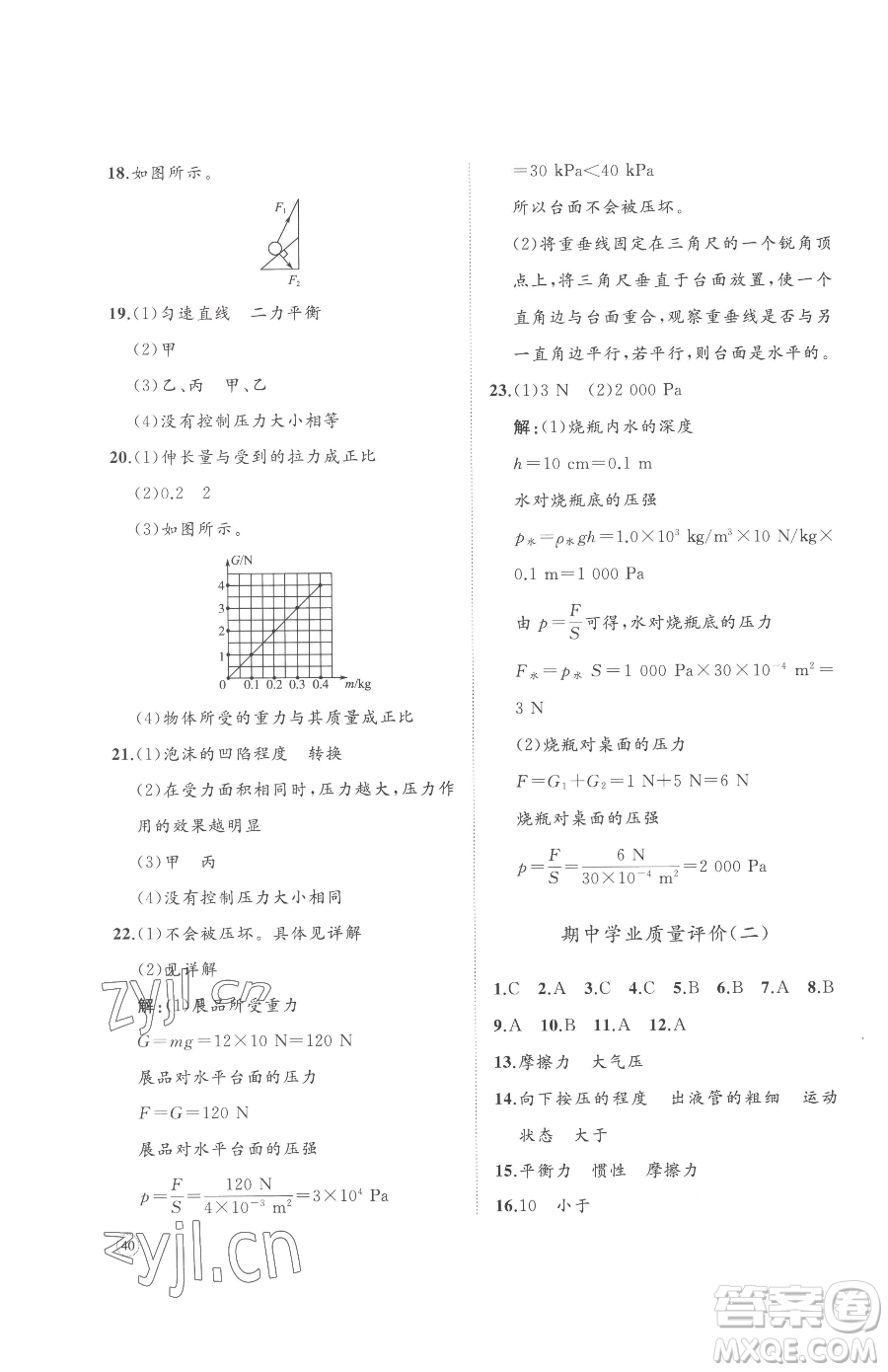 山東友誼出版社2023精練課堂分層作業(yè)八年級(jí)下冊物理人教版參考答案