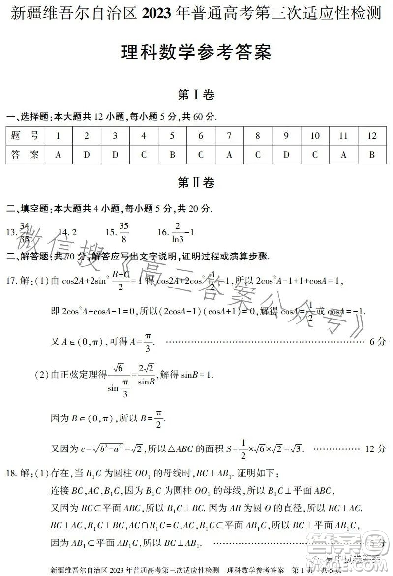 新疆維吾爾自治區(qū)2023年普通高考第三次適應(yīng)性檢測(cè)理科數(shù)學(xué)試卷答案