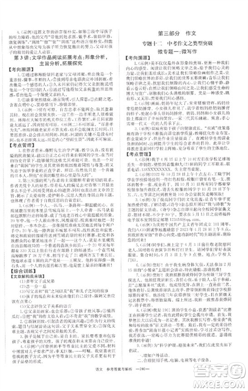 湖南師范大學出版社2023全程奪冠中考突破九年級語文通用版參考答案