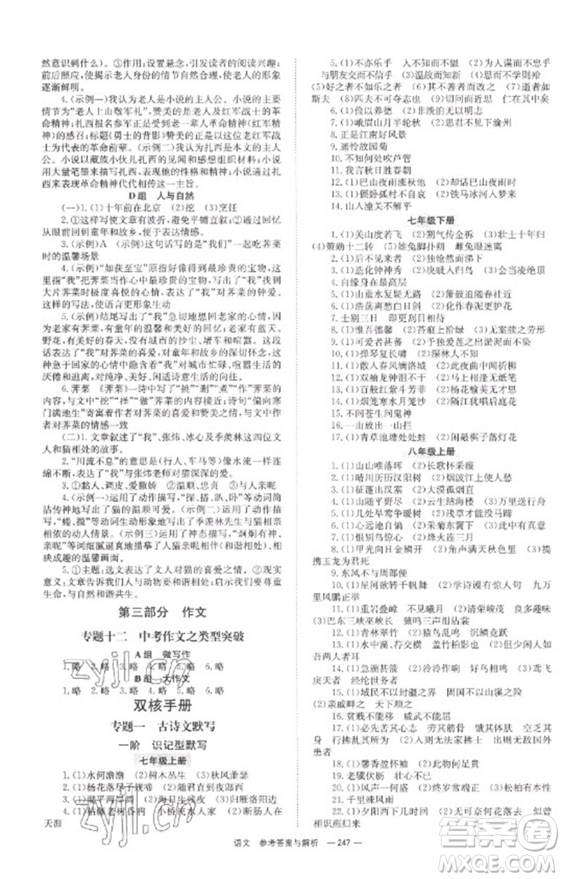 湖南師范大學出版社2023全程奪冠中考突破九年級語文通用版參考答案