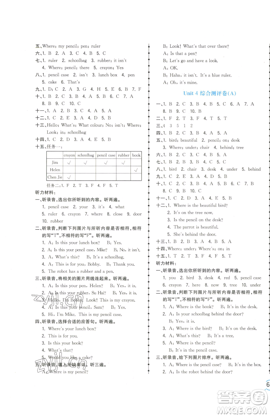 江西科學技術出版社2023奪冠金卷三年級下冊英語譯林版參考答案