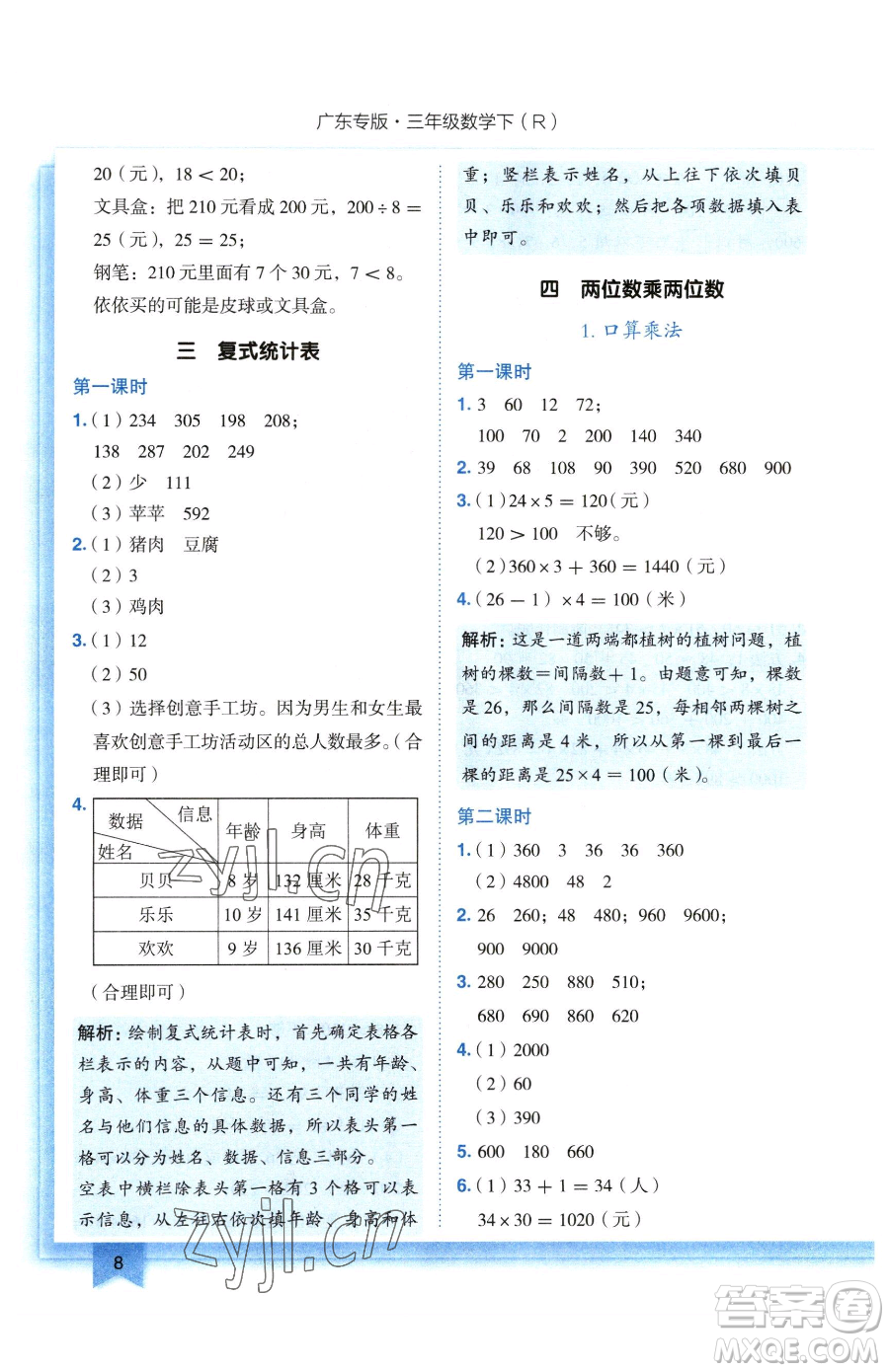 龍門(mén)書(shū)局2023黃岡小狀元作業(yè)本三年級(jí)下冊(cè)數(shù)學(xué)人教版廣東專(zhuān)版參考答案