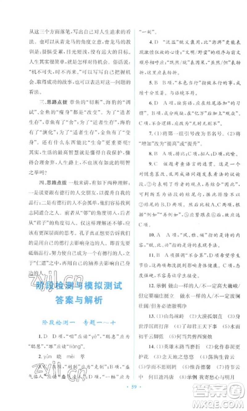 人民教育出版社2023初中總復(fù)習(xí)優(yōu)化設(shè)計(jì)九年級(jí)語(yǔ)文人教版參考答案