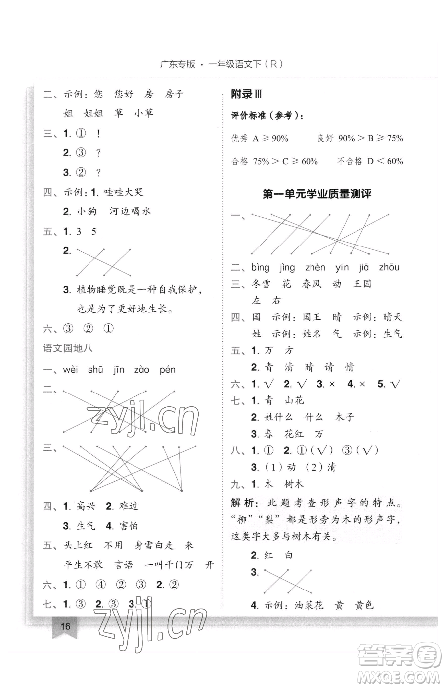 龍門書局2023黃岡小狀元作業(yè)本一年級(jí)下冊(cè)語文人教版廣東專版參考答案