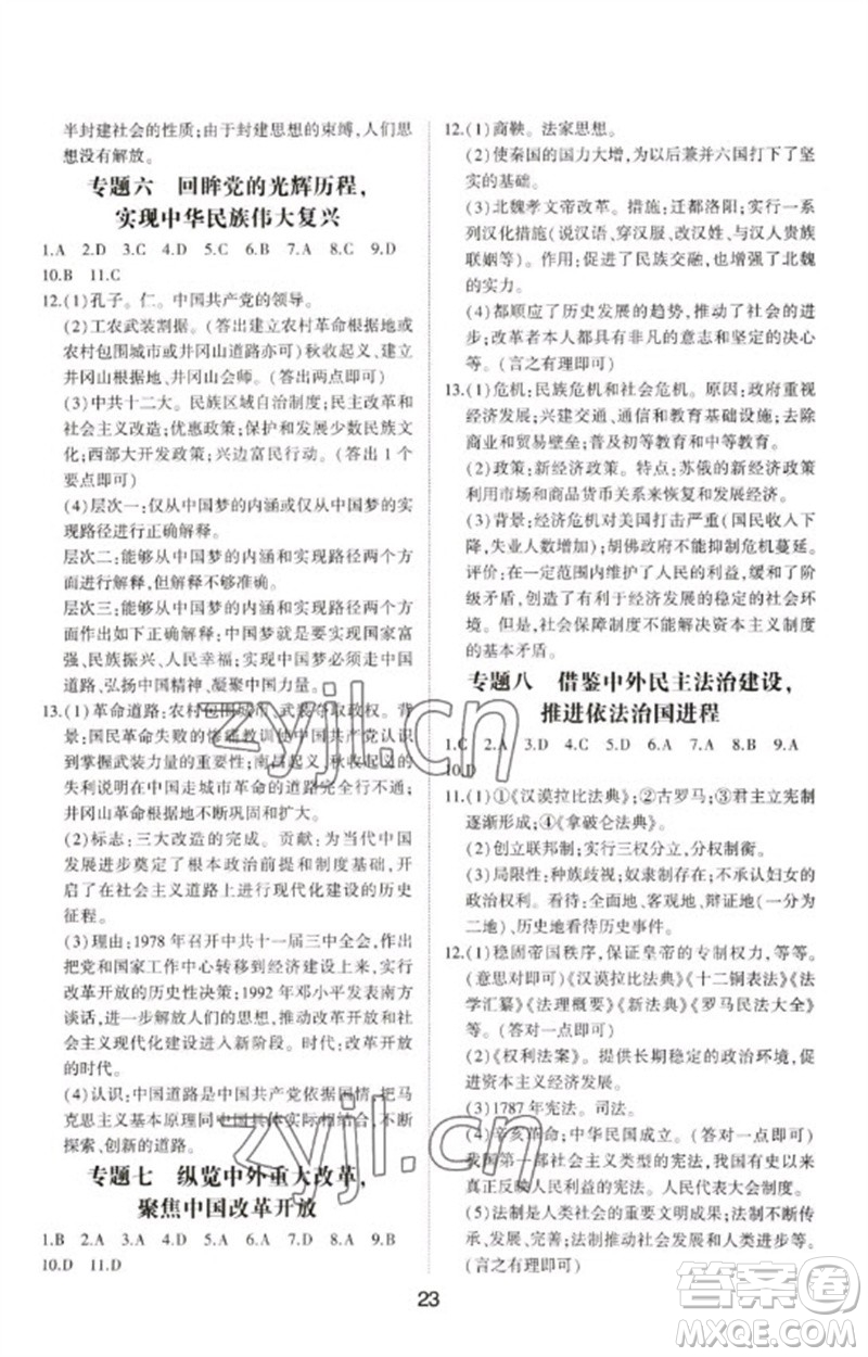 山東科學(xué)技術(shù)出版社2023初中總復(fù)習(xí)手冊九年級歷史通用版參考答案