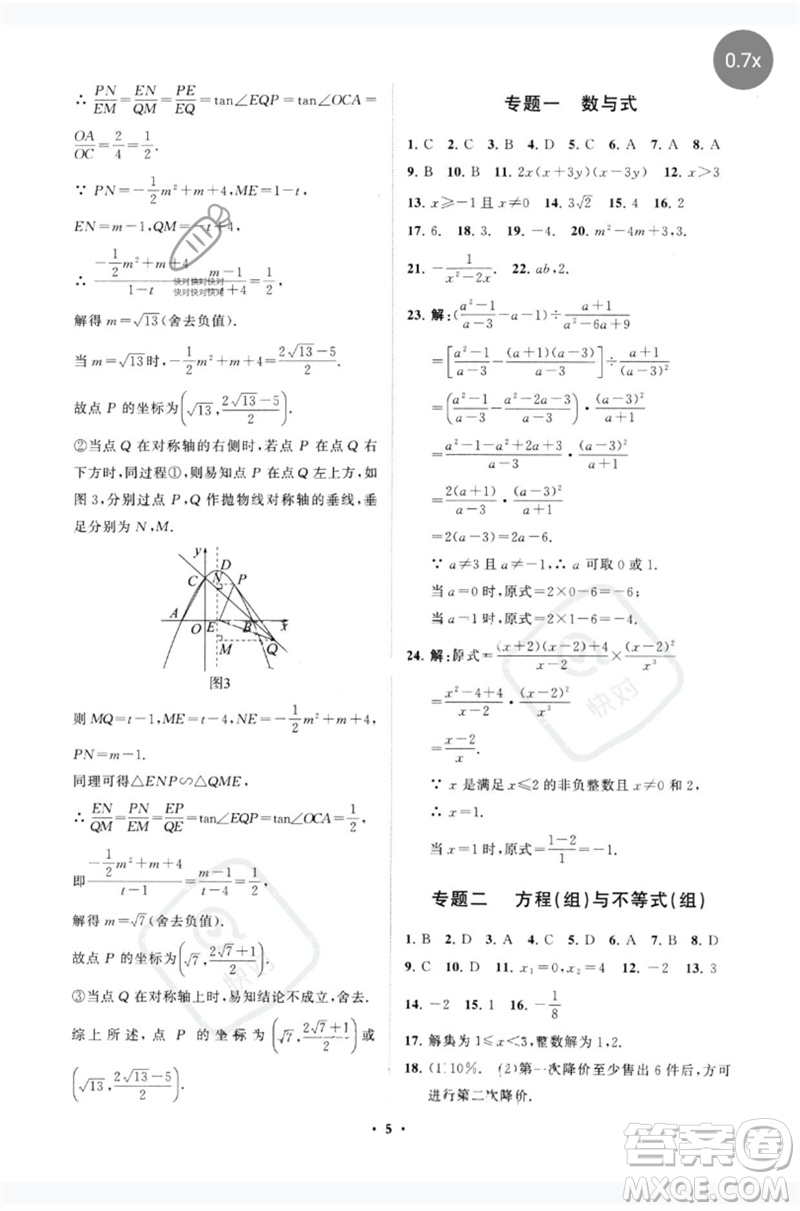 山東教育出版社2023初中總復(fù)習(xí)手冊(cè)分層專題卷九年級(jí)數(shù)學(xué)五四制通用版煙臺(tái)專版參考答案