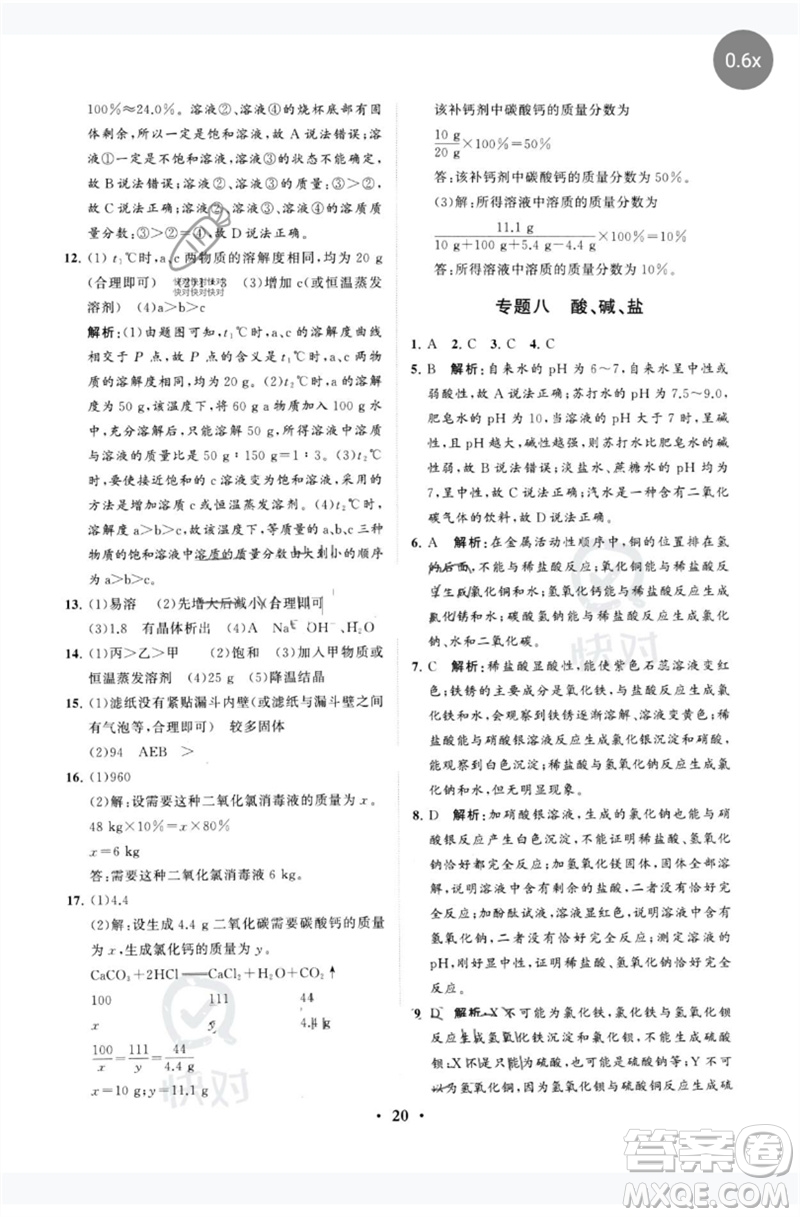 山東教育出版社2023初中總復習手冊分層專題卷九年級化學五四制通用版煙臺專版參考答案