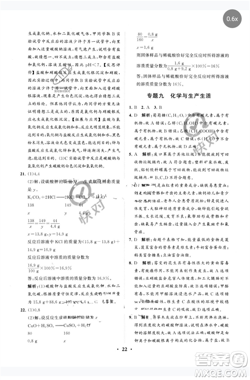 山東教育出版社2023初中總復習手冊分層專題卷九年級化學五四制通用版煙臺專版參考答案