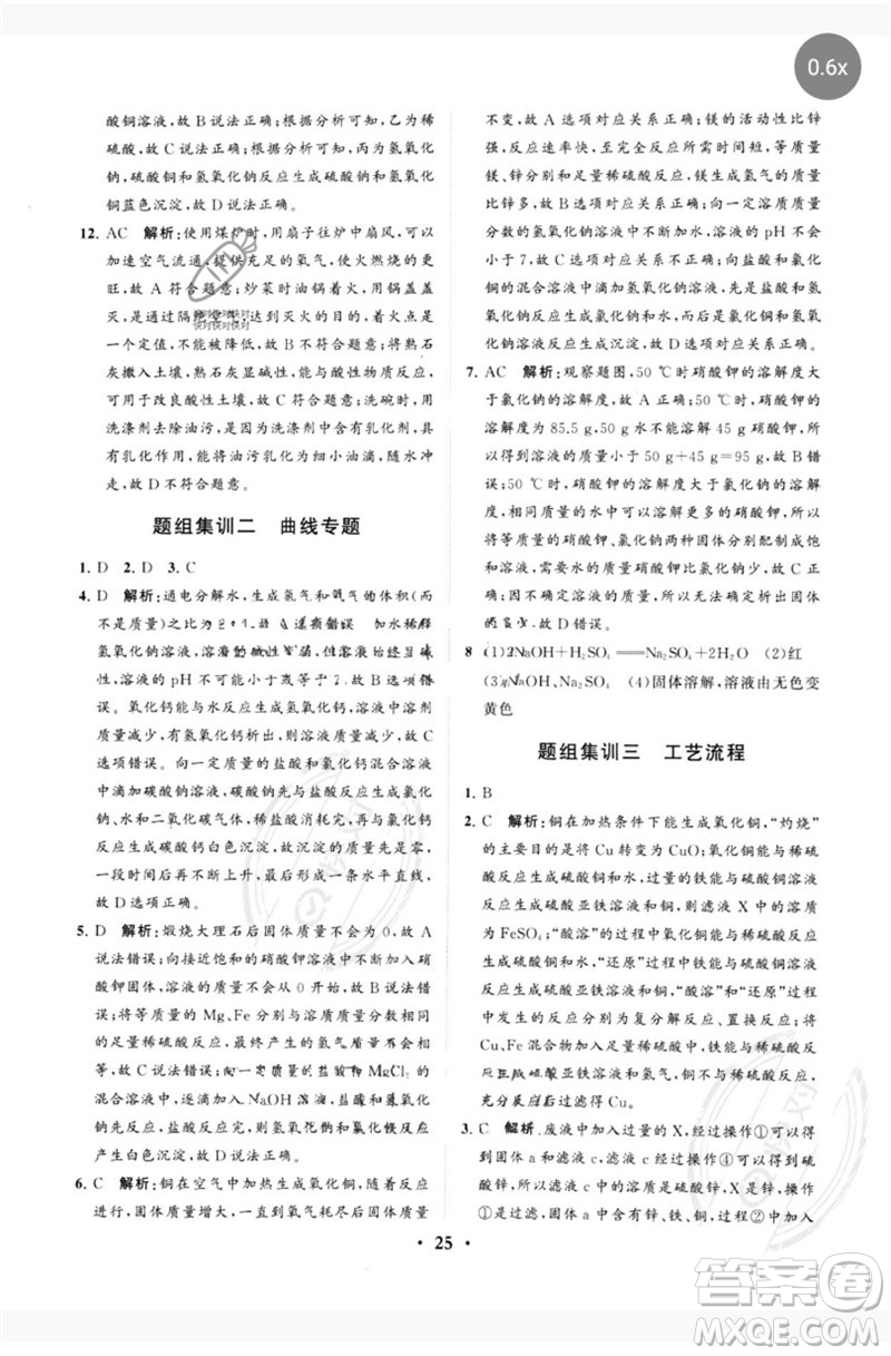 山東教育出版社2023初中總復習手冊分層專題卷九年級化學五四制通用版煙臺專版參考答案