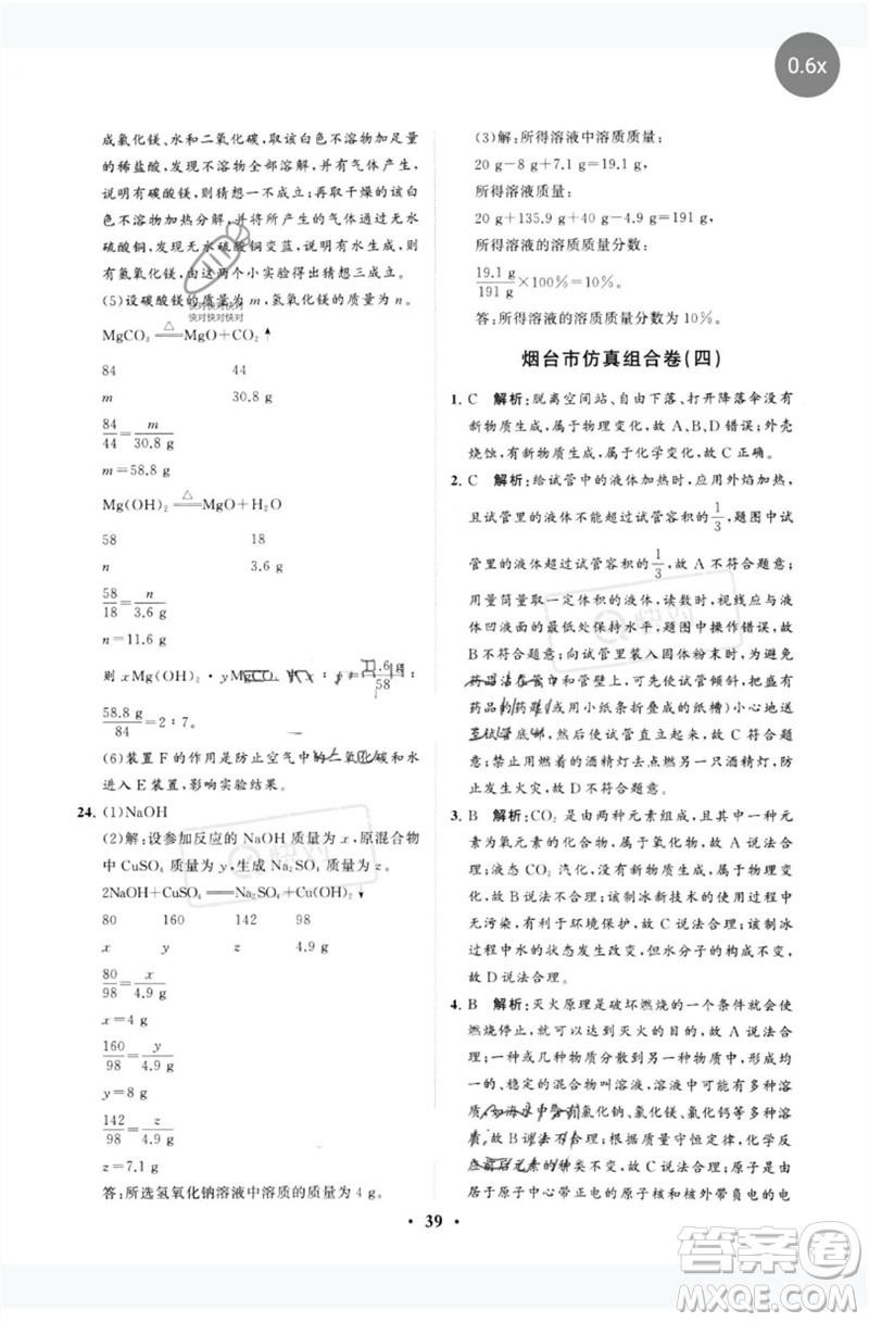 山東教育出版社2023初中總復習手冊分層專題卷九年級化學五四制通用版煙臺專版參考答案