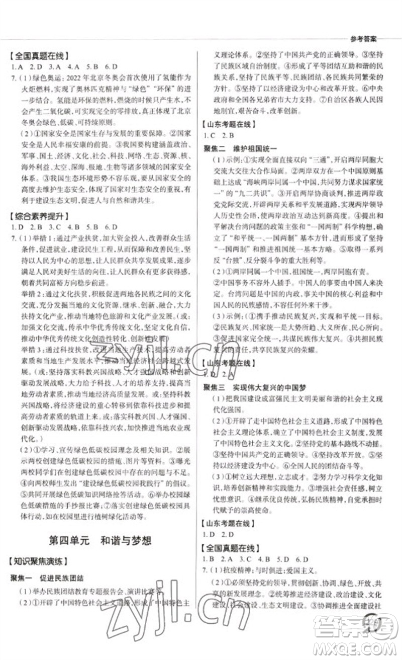 青島出版社2023初中總復(fù)習(xí)手冊九年級道德與法治通用版參考答案