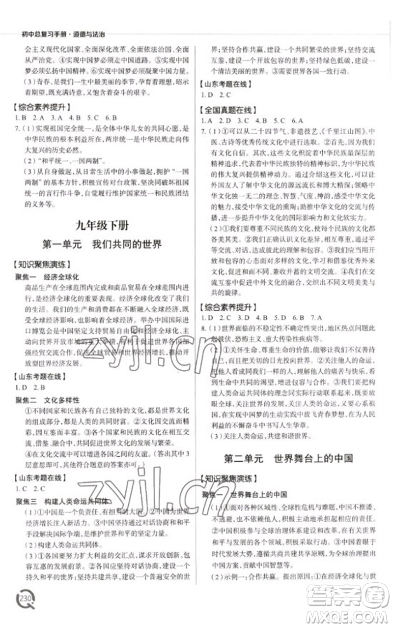 青島出版社2023初中總復(fù)習(xí)手冊九年級道德與法治通用版參考答案