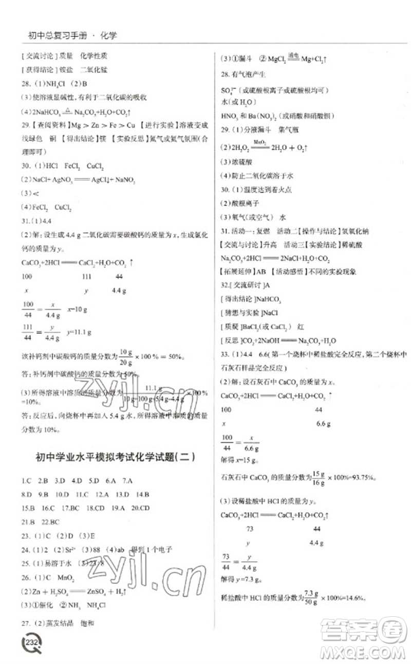 青島出版社2023初中總復(fù)習(xí)手冊九年級化學(xué)通用版參考答案