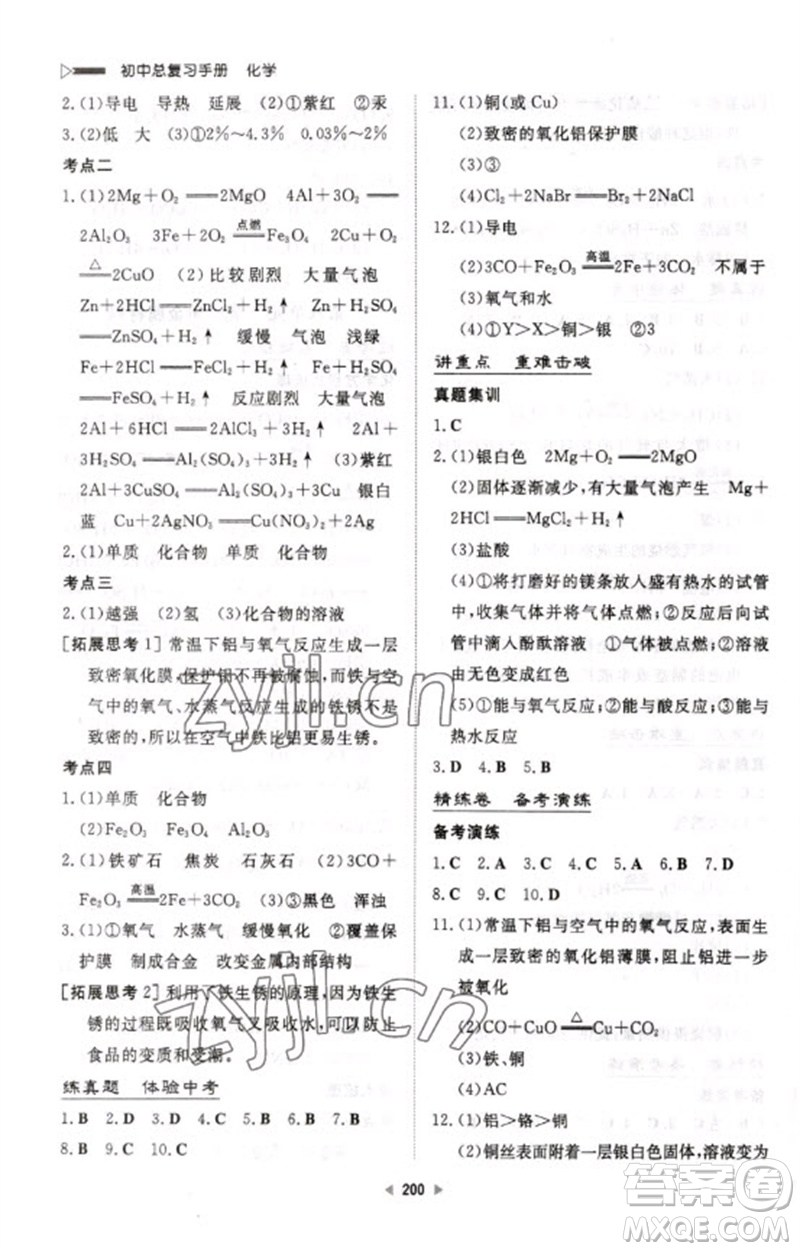 新世紀出版社2023初中總復(fù)習(xí)手冊九年級化學(xué)通用版參考答案