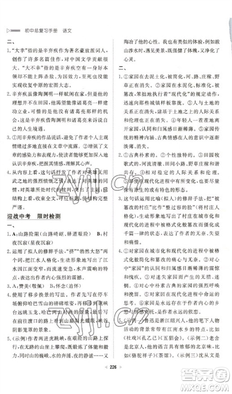 新世紀(jì)出版社2023初中總復(fù)習(xí)手冊九年級語文通用版參考答案