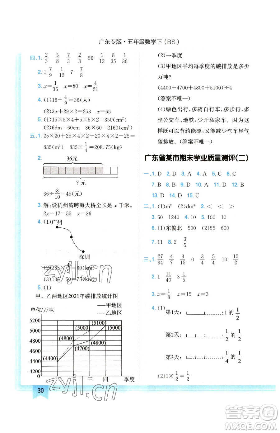 龍門書局2023黃岡小狀元作業(yè)本五年級下冊數(shù)學(xué)北師大版廣東專版參考答案