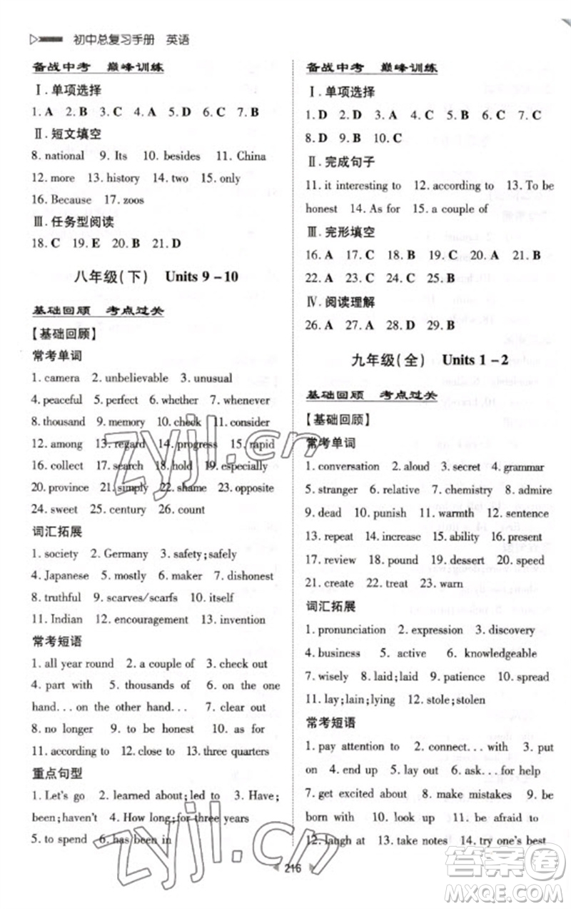 新世紀(jì)出版社2023初中總復(fù)習(xí)手冊九年級英語通用版參考答案