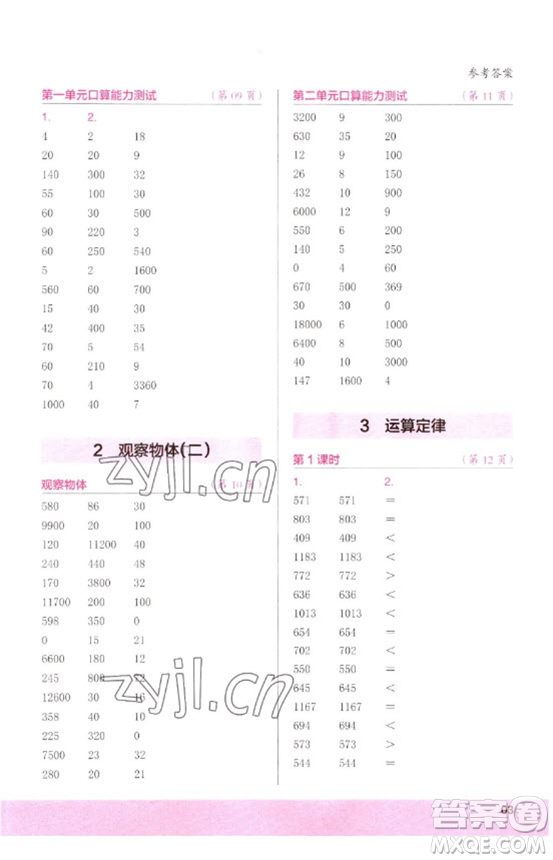 江蘇鳳凰少年兒童出版社2023口算小狀元口算速算天天練四年級數(shù)學(xué)下冊人教版參考答案