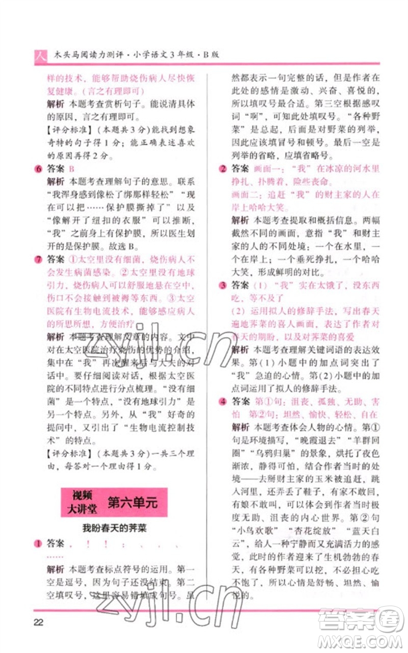 湖南師范大學(xué)出版社2023木頭馬閱讀力測評三年級(jí)語文人教版B版參考答案