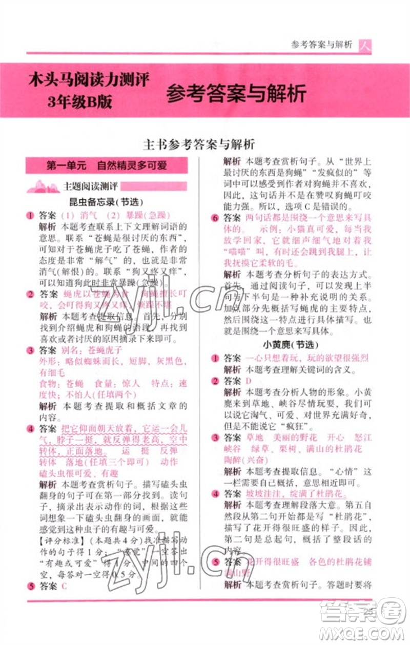 湖南師范大學(xué)出版社2023木頭馬閱讀力測評三年級(jí)語文人教版B版參考答案