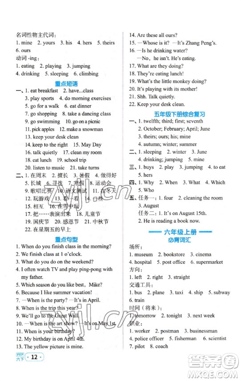 江西教育出版社2023陽光同學(xué)默寫小達(dá)人六年級(jí)英語下冊(cè)人教PEP版參考答案