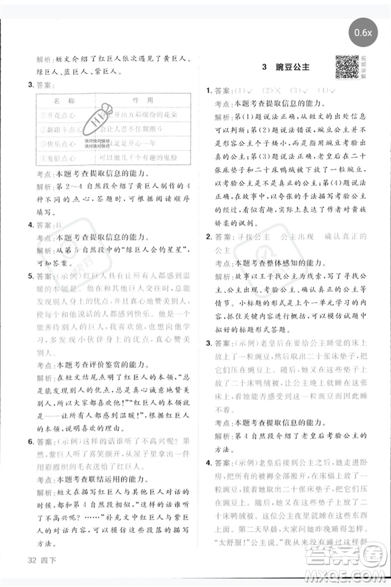 江西教育出版社2023陽光同學同步閱讀素養(yǎng)測試四年級語文下冊人教版參考答案