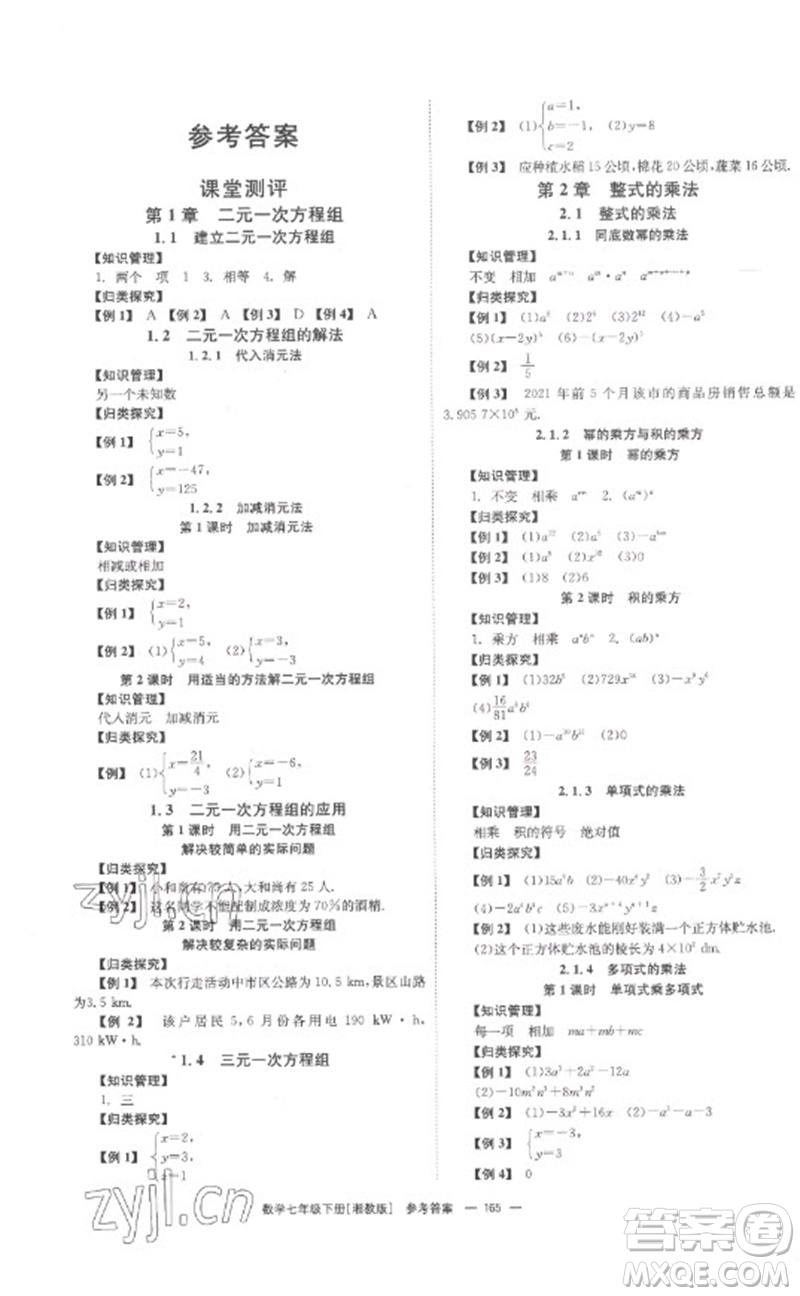 湖南教育出版社2023全效學(xué)習(xí)同步學(xué)練測(cè)七年級(jí)數(shù)學(xué)下冊(cè)湘教版參考答案