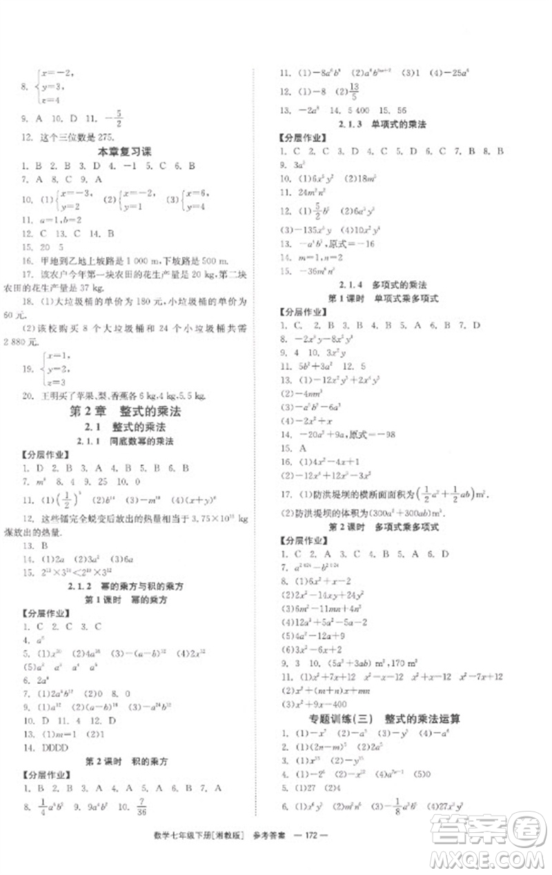 湖南教育出版社2023全效學(xué)習(xí)同步學(xué)練測(cè)七年級(jí)數(shù)學(xué)下冊(cè)湘教版參考答案