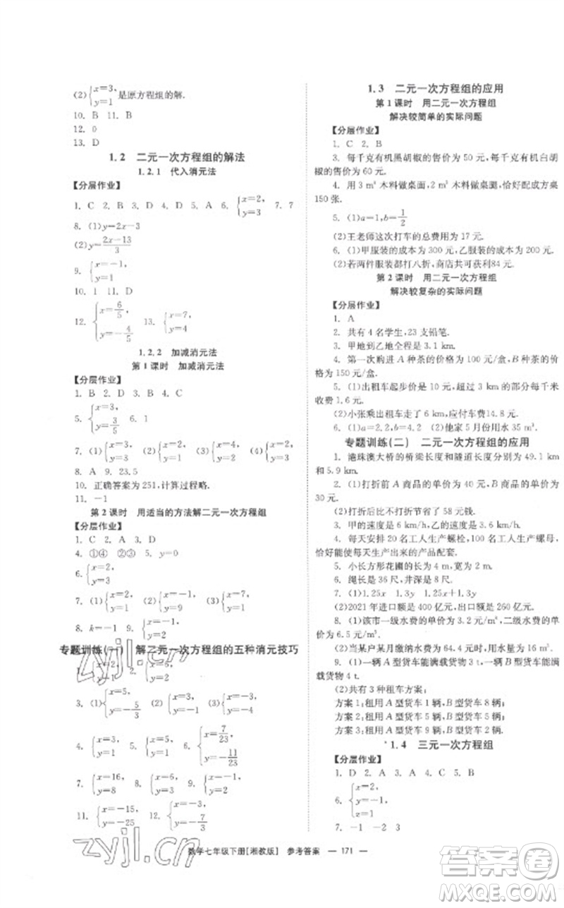 湖南教育出版社2023全效學(xué)習(xí)同步學(xué)練測(cè)七年級(jí)數(shù)學(xué)下冊(cè)湘教版參考答案