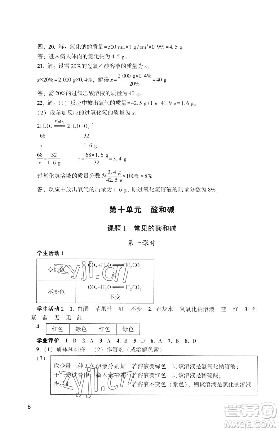 廣州出版社2023陽光學(xué)業(yè)評(píng)價(jià)九年級(jí)下冊(cè)化學(xué)人教版參考答案