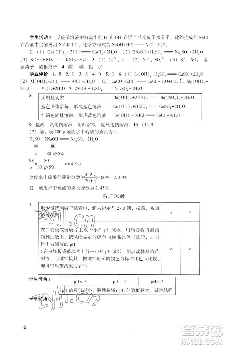 廣州出版社2023陽光學(xué)業(yè)評(píng)價(jià)九年級(jí)下冊(cè)化學(xué)人教版參考答案