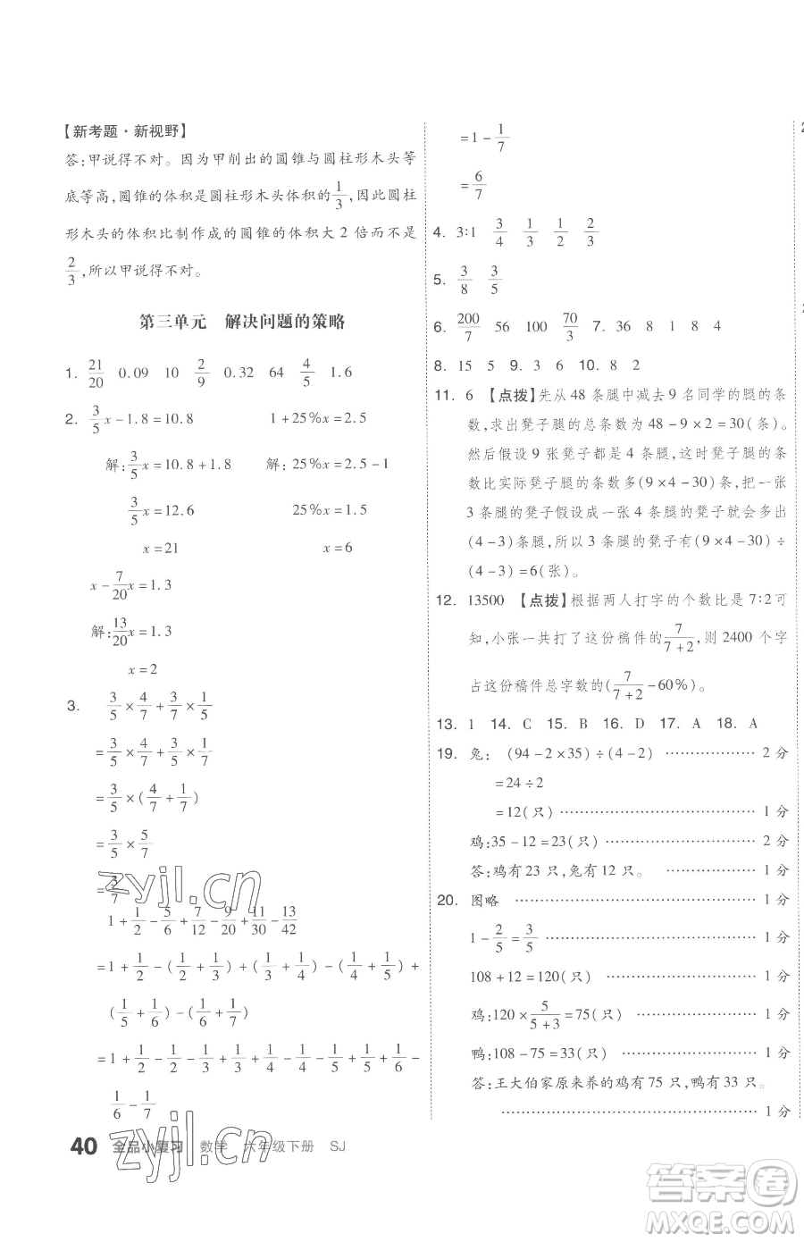 天津人民出版社2023全品小復(fù)習(xí)六年級(jí)下冊(cè)數(shù)學(xué)蘇教版參考答案