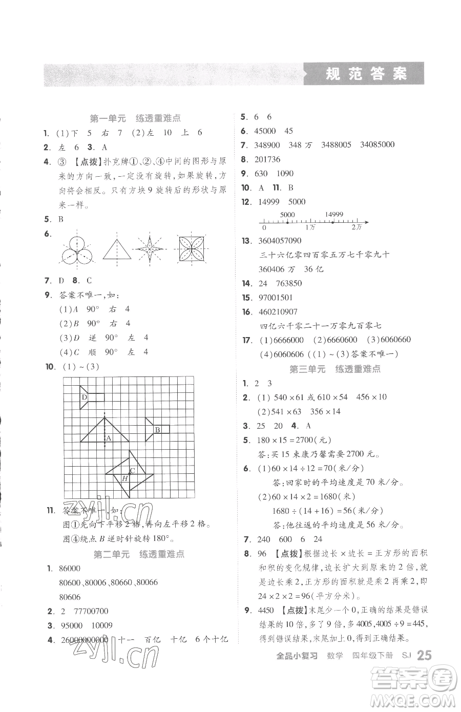 天津人民出版社2023全品小復(fù)習(xí)四年級(jí)下冊(cè)數(shù)學(xué)蘇教版參考答案