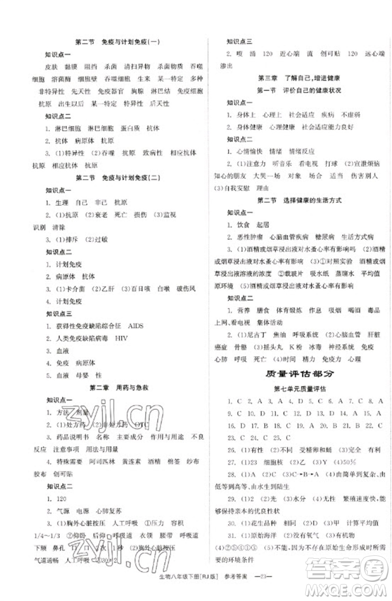 湖南教育出版社2023全效學(xué)習(xí)同步學(xué)練測(cè)八年級(jí)生物下冊(cè)人教版參考答案