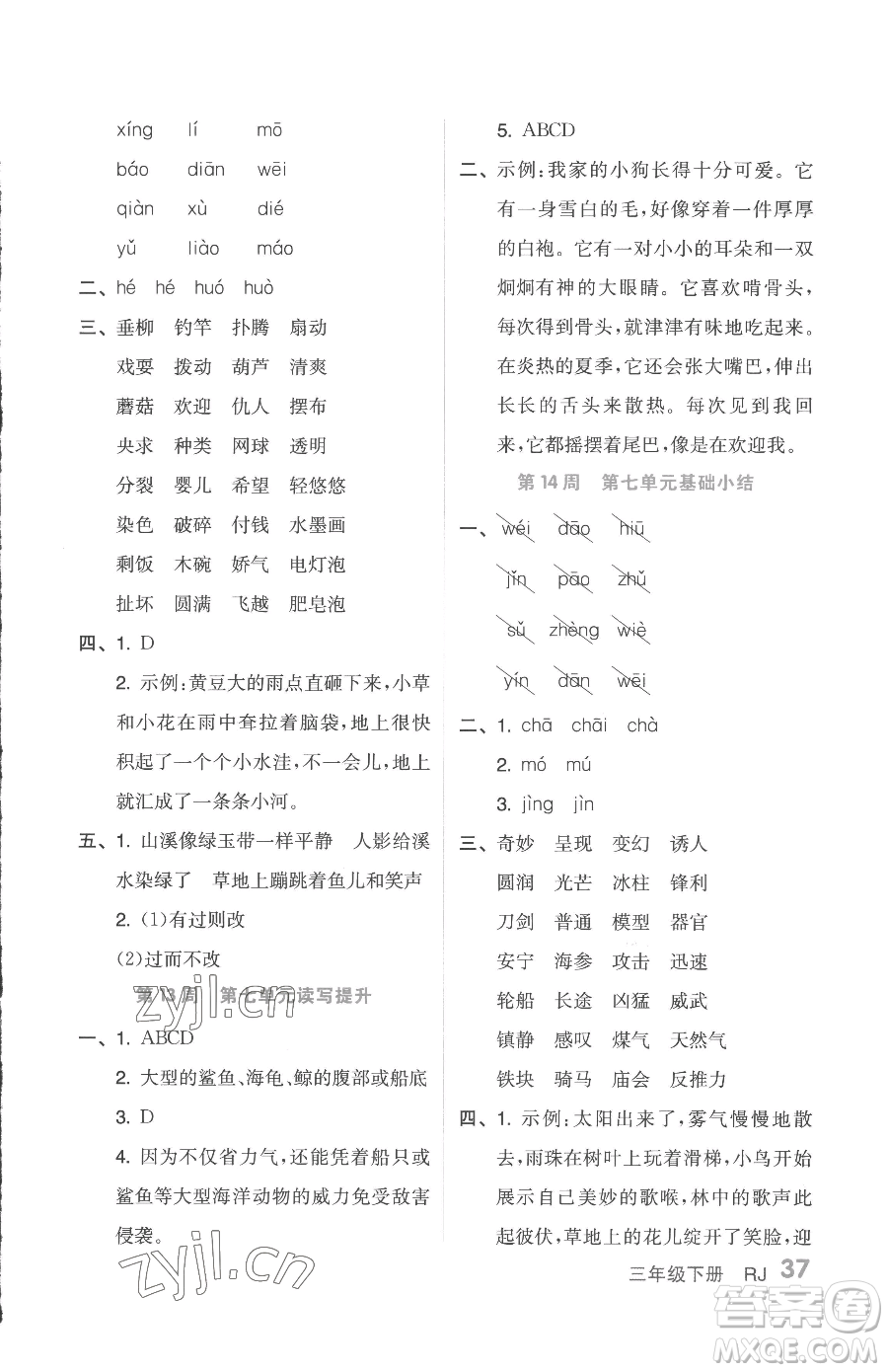 天津人民出版社2023全品小復(fù)習(xí)三年級(jí)下冊(cè)語(yǔ)文人教版參考答案