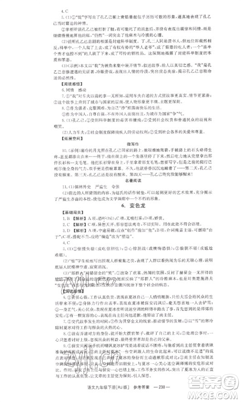 湖南教育出版社2023全效學習同步學練測九年級語文下冊人教版參考答案