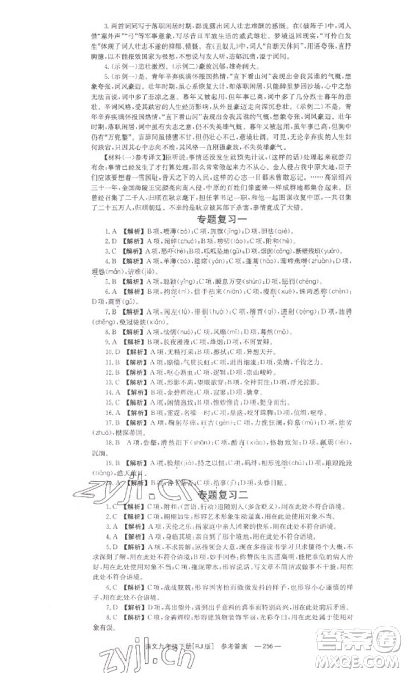 湖南教育出版社2023全效學習同步學練測九年級語文下冊人教版參考答案