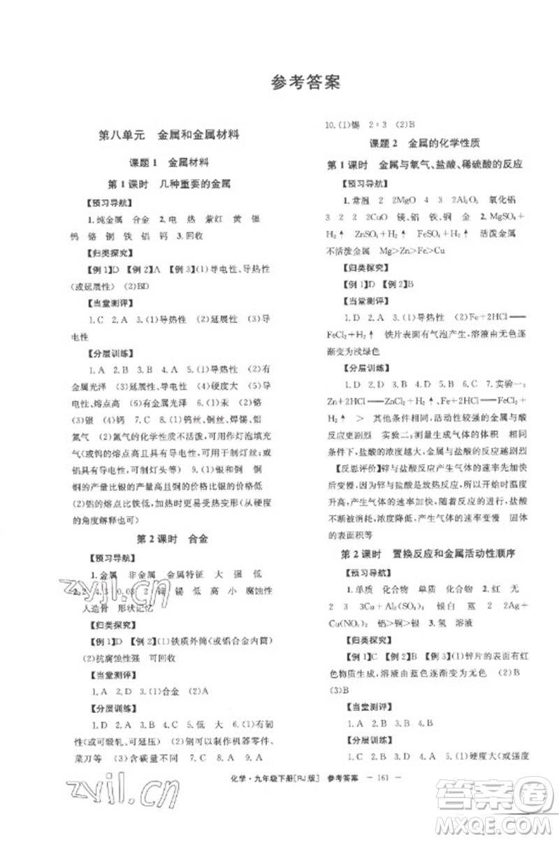 湖南教育出版社2023全效學(xué)習(xí)同步學(xué)練測九年級化學(xué)下冊人教版參考答案