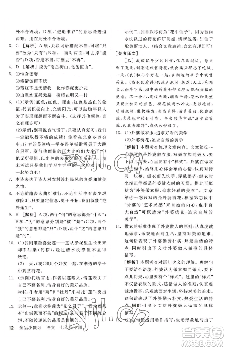 陽光出版社2023全品小復(fù)習(xí)七年級下冊語文人教版參考答案