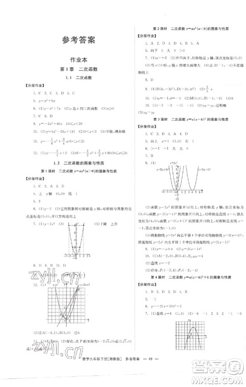 湖南教育出版社2023全效學(xué)習(xí)同步學(xué)練測(cè)九年級(jí)數(shù)學(xué)下冊(cè)湘教版參考答案