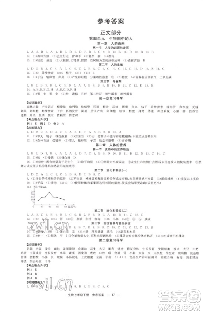 北京時(shí)代華文書(shū)局2023全效學(xué)習(xí)學(xué)業(yè)評(píng)價(jià)方案七年級(jí)生物下冊(cè)人教版參考答案